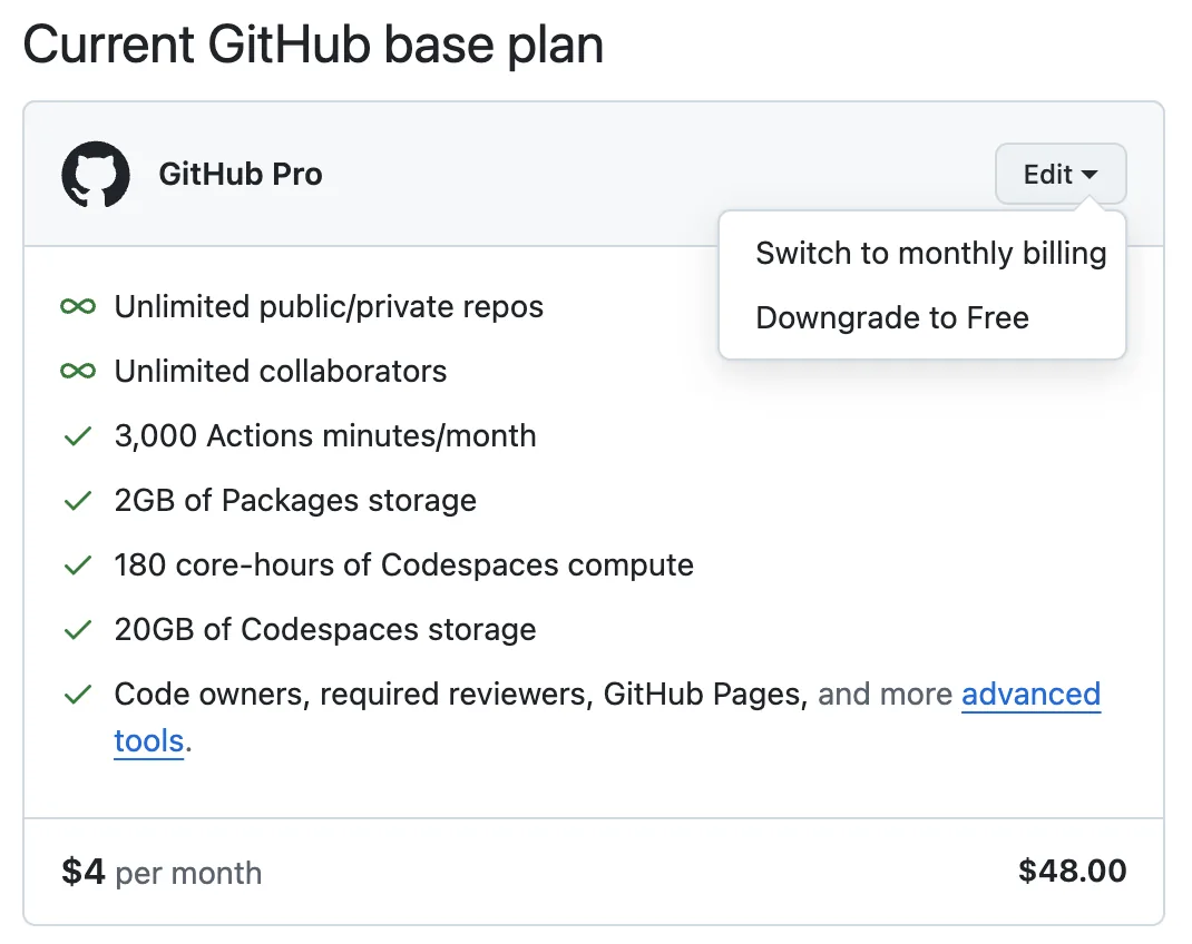 Current GitHub base plan 카드의 Edit 메뉴를 연 화면. Switch to monthly billing과 Downgrade to Free 두 항목이 있고, 카드에는 GitHub Pro와 포함 항목, 월 $4와 $48.00이 표시돼 있다.