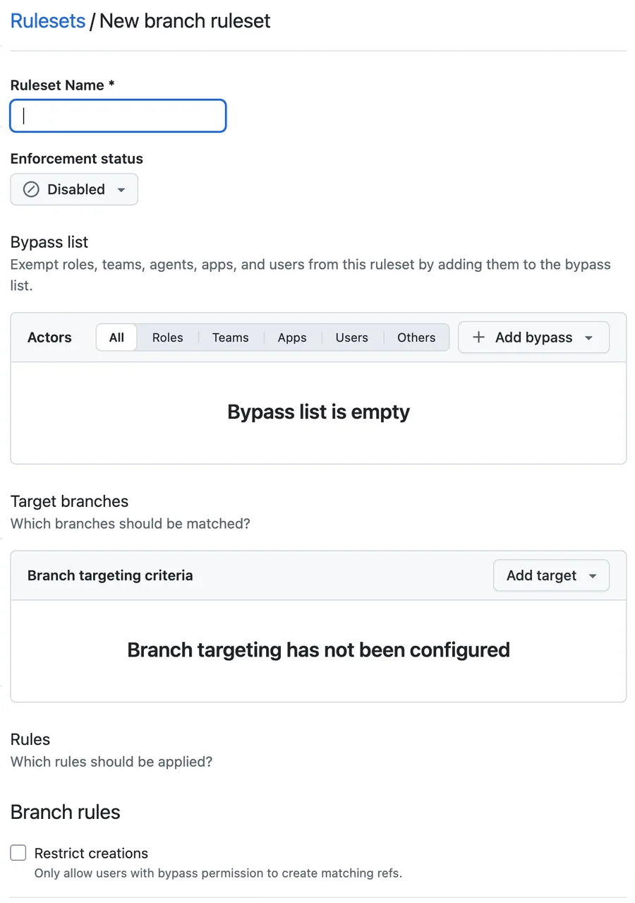 Rulesets / New branch ruleset 화면. Ruleset Name 입력칸, Enforcement status Disabled, Bypass list(비어 있음), Target branches(설정되지 않음), Branch rules의 Restrict creations 체크박스가 위에서 아래로 나열돼 있다.